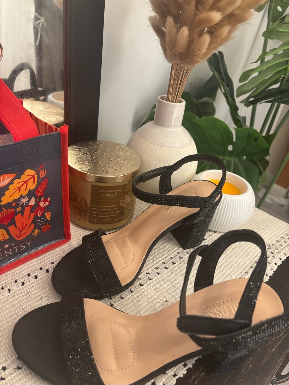 De Blossom Collection Black Sparkle Block Heel Sandals